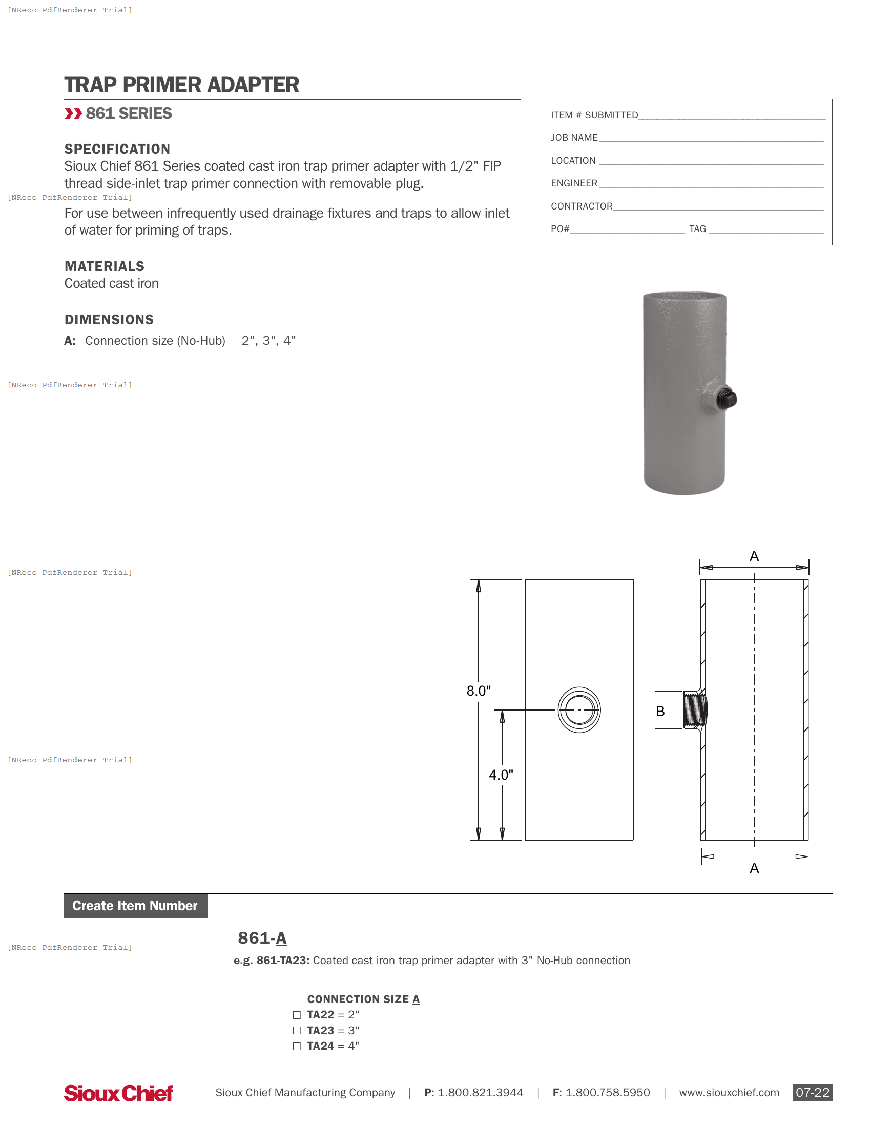 861 SERIES - CAST IRON TRAP PRIMER ADAPTER - SPEC SHEET.PDF Specification Document